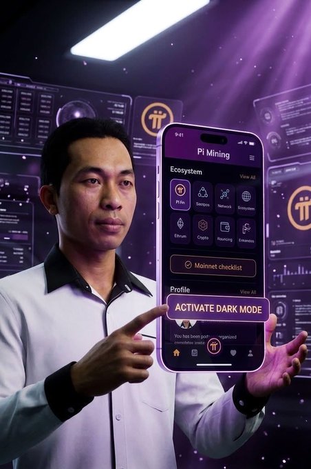 A man in a white shirt holds up a smartphone displaying the Pi Network app with a prominent "ACTIVATE DARK MODE" prompt, set against a purple-lit background featuring floating Pi logos and dashboard screens, visually emphasizing the app's new low-light-friendly interface.