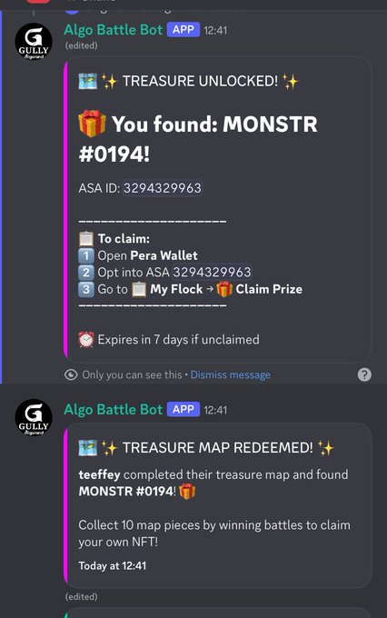 Discord messages from Algo Battle Bot announcing a treasure unlocked: MONSTR #0194 (ASA ID: 3294329963) with instructions to claim via Pera Wallet.