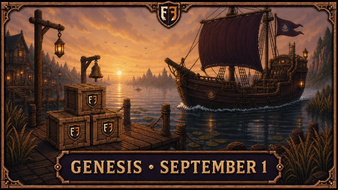 A medieval-style illustration shows wooden crates stamped with "F" logos stacked on a dock beside a large sailing ship at sunset, with text reading "GENESIS • SEPTEMBER 1" displayed prominently at the bottom. The image visually represents the FlockFall Genesis NFT launch, with the crates symbolizing the upcoming mint and the ship evoking a journey, aligning with the announcement of the delayed launch date and revised terms.