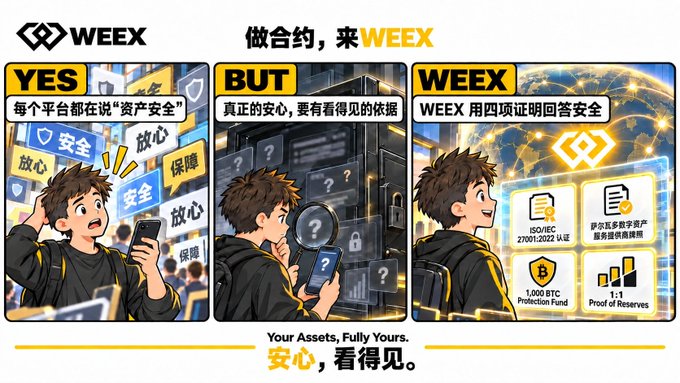 A three-panel promotional graphic for the cryptocurrency exchange WEEEX, with the Chinese text '做合约，来WEEEX' and '安心，看得见', emphasizing asset security.