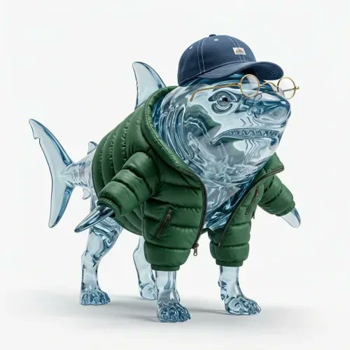 !"". This text suggests that the brainrot sculpture, valued at 0.1 eth, is up for sale or is being advertised as a valuable piece of art. It appears to be an interesting mix between a shark toy and human-like accessories like clothing and glasses.