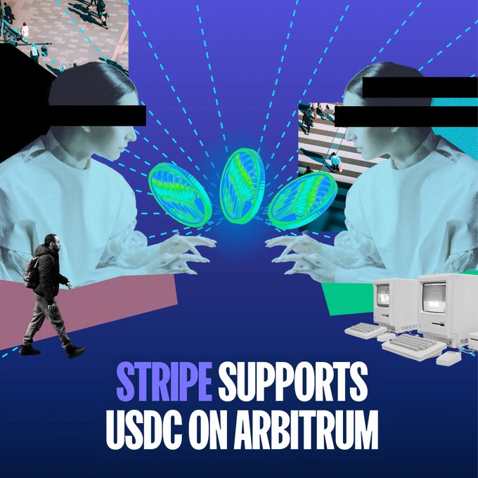 A bold graphic reads "STRIPE SUPPORTS USDC ON ARBITRUM" against a blue backdrop, featuring two mirrored figures with black bars over their eyes reaching toward glowing coin imagery, alongside a man with a backpack and vintage computers—visually reinforcing the post about Stripe Treasury enabling global businesses to seamlessly manage USDC stablecoin transactions.