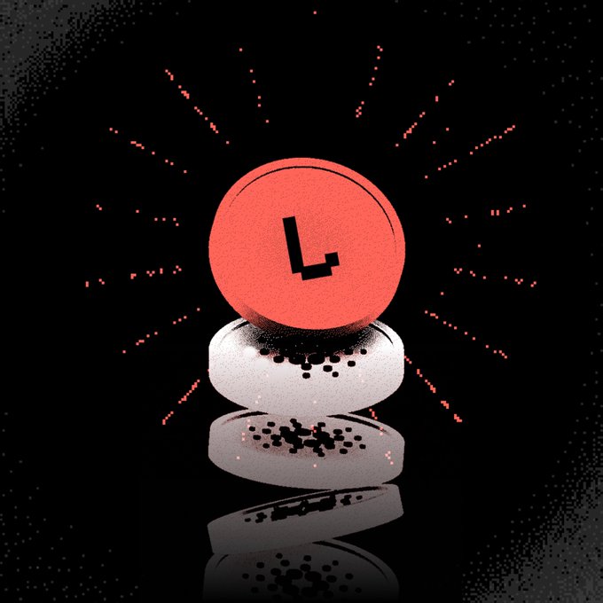 The image features a stack of two coins, one red and one white, with the letters "L" written on them. The coins are positioned such that they appear to be floating or levitating against a black background. The text "Cardano" is also present in the image, which could potentially be related to the coin stacking scenario.