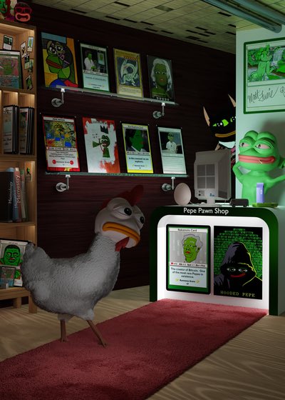A 3D-rendered scene shows a Pepe the Frog Pawn Shop with a chicken standing on a red carpet, displaying posters of Pepe variants on the walls and a counter labeled "Pepe Pawn Shop" featuring "HOODED PEPE" artwork, fitting the meme art theme of the FAKEPAWNSHOP by Elispri.
