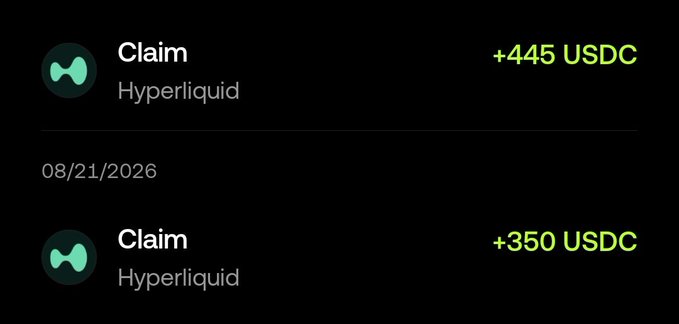 A digital interface displays two transactions from 'Hyperliquid,' showing a 'Claim' of '+445 USDC' and another 'Claim' of '+350 USDC' dated '08/21/2026' against a black background.