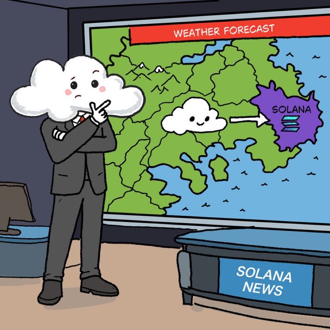 The image features a cartoon man dressed in a suit standing next to a TV screen displaying a weather forecast for Solana, with a map of the region shown behind him. The man appears to be contemplating something or reacting to the news on the screen. The caption at the bottom of the image reads "$AIR is bringing a fresh meme narrative to Solana as the first currency backed by absolutely". This suggests that the weather forecast and the cartoon character are related in some way, possibly through an amusing story or event involving the weather conditions in Solana.