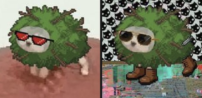 Two side-by-side images of a small dog dressed in a green bush/foliage costume, with the right image adding sunglasses, boots, and a Spy vs. Spy-style black and white background.