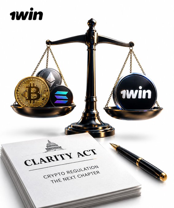 A promotional image for 1WIN features a golden balance scale weighing Bitcoin, Ethereum, and Solana coins on one side against a 1WIN-branded token on the other, with a document titled "CLARITY ACT — Crypto Regulation The Next Chapter" and a fountain pen below, symbolizing the tension between established cryptocurrencies and emerging tokens like 1WIN's upcoming launch amid evolving U.S. regulatory frameworks.
