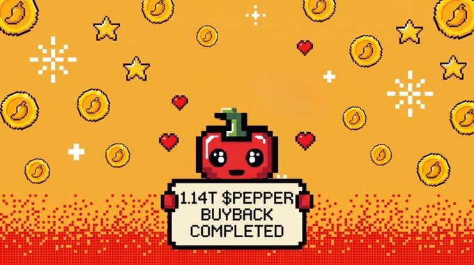 A pixel art graphic featuring a red character with hearts and coins, displaying "1.14T $PEPPER BUYBACK COMPLETED" against an orange background.