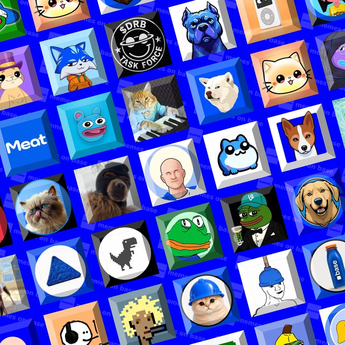 A vibrant collage of meme token avatars displayed on a blue background, featuring various internet memes including "Meat" token, Pepe the Frog, a doge, cat characters, and the "$DRB TASK FORCE" logo, along with the "base" watermark throughout. The image visually represents the Base ecosystem memecoins referenced in the post, showcasing the diverse lineup of popular tokens available for voting.