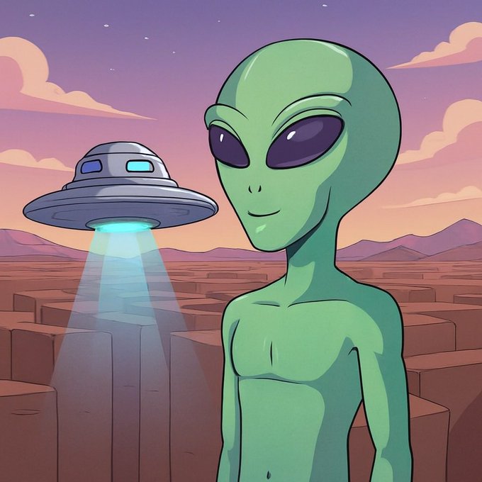 An illustration of a green alien with large black eyes standing in front of a UFO beaming light over a canyon at sunset.