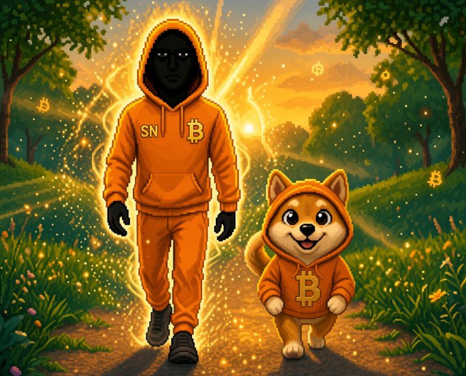 A colorful digital illustration showing a faceless figure in an orange Bitcoin-logo tracksuit and a smiling Shiba Inu dog in matching attire, glowing as they walk down a sunlit forest path surrounded by floating Bitcoin symbols.