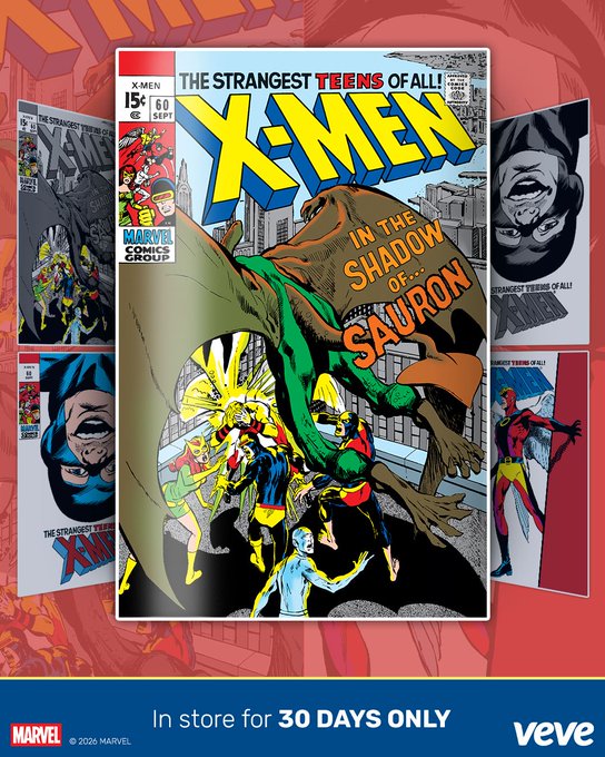 A promotional advertisement for Marvel Comics showing the cover of X-Men #60 'In the Shadow of Sauron' on the Veve platform, available in store for 30 days only.