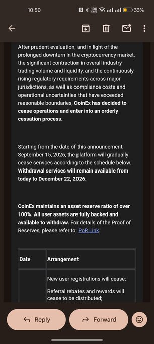 A mobile screenshot of an email from CoinEx dated September 15, 2026, announcing cessation of operations and orderly wind-down due to prolonged cryptocurrency market downturn, with withdrawal services available until December 22, 2026.