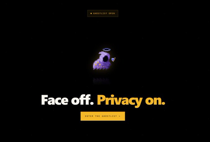 A dark webpage displays a pixelated ghost icon with a halo and the text 'Face off. Privacy on.' along with a 'GHOSTLIST OPEN' banner and an 'ENTER THE GHOSTLIST' button.