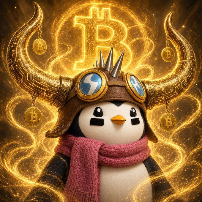 A whimsical penguin plush toy wearing a Viking horned helmet with goggles and a pink scarf stands before a glowing golden Bitcoin logo surrounded by smaller Bitcoin coins.
