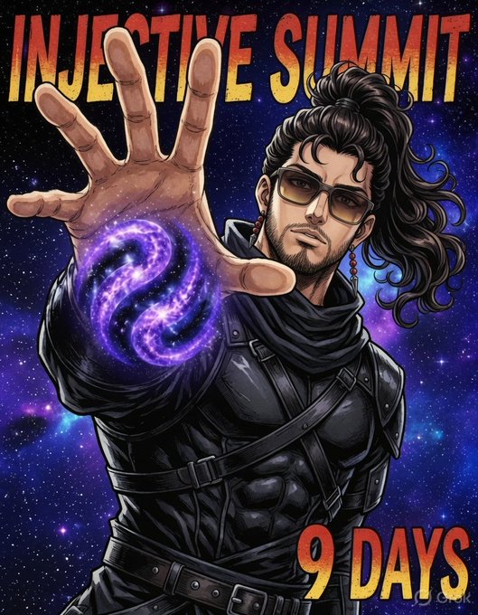 An anime-style "INJECTIVE SUMMIT" countdown poster showing "9 DAYS" with a dark-haired character in sunglasses conjuring a purple galaxy energy symbol.