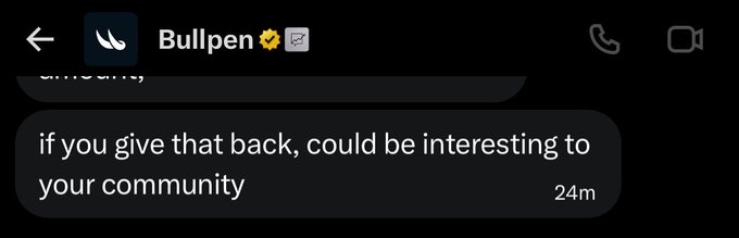 A screenshot of a direct message conversation on the "Bullpen" platform showing a message reading "if you give that back, could be interesting to your community" sent 24 minutes ago, seemingly part of a crypto airdrop scheme promoting $Ansem on app.bullpen.fi.