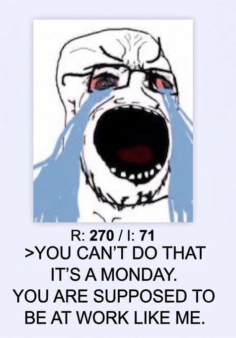 A crying Wojak meme character rages with blue tears streaming down its face, accompanied by the text "R: 270 / I: 71" and the caption "YOU CAN'T DO THAT IT'S A MONDAY. YOU ARE SUPPOSED TO BE AT WORK LIKE ME," humorously reinforcing the post's complaint about the misery of returning to work after the weekend.