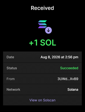 A Solana wallet confirmation screen showing a successful receipt of "+1 SOL" from address "3UWd...XvB9" on the Solana network, dated Aug 8, 2026 at 2:56 pm, which serves as proof of payment to participate in the $BULLKING token purchase promotion.
