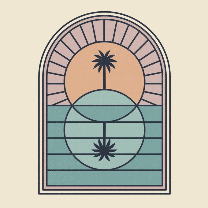 A minimalist, geometric illustration of a sunset over water, featuring a peach-colored sun with a palm tree silhouette framed within an arched, window-like border with teal horizontal lines.