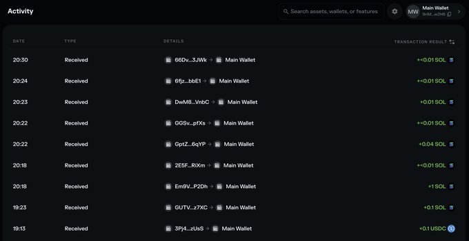 The image shows a Solana wallet's activity log with multiple small "Received" transactions, including 0.01 SOL from various senders (like 6Dr...3JWe, 6f2...bbE1, DwM8...VnbC), as well as a notable 1 SOL transfer at 20:18 from "Em9r...PZDh." This aligns with the post's mention of someone making a serious life decision to send 1 SOL, which stands out among the smaller incoming transactions.