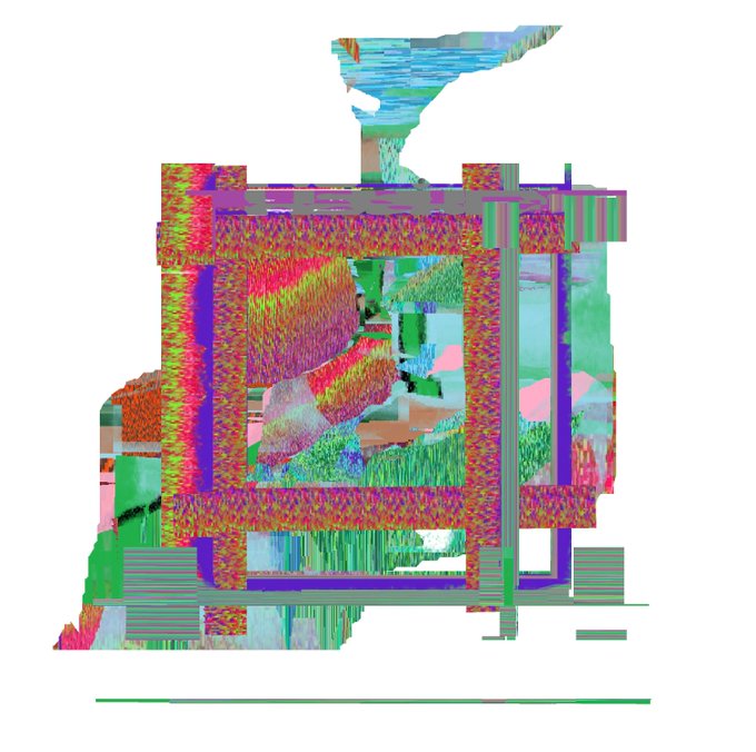A glitched, corrupted digital image featuring colorful pixelated blocks in magenta, green, blue, and pink arranged in an abstract, box-like structure against a white background.