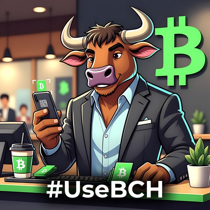 A cartoon-style illustration of a bull-headed character in a business suit holding a smartphone with a Bitcoin QR code, with '#UseBCH' text and Bitcoin symbols promoting BCH adoption.