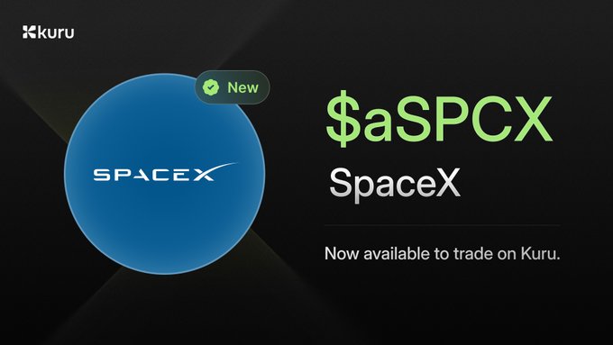 A promotional graphic for Kuru featuring a blue sphere with the 'SPACEX' logo, announcing '$aSPCX SpaceX Now available to trade on Kuru.'