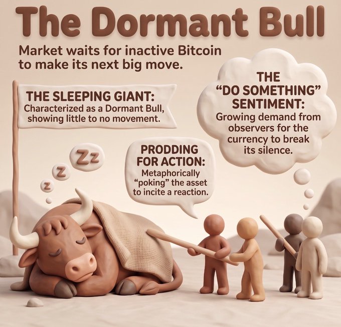 An infographic titled 'The Dormant Bull' explains Bitcoin market concepts, featuring a sleeping bull being poked with sticks by small figures, with sections labeled 'The Sleeping Giant,' 'Prodding for Action,' and 'The Do Something Sentiment.'