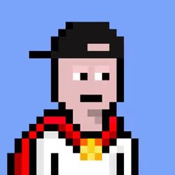 Pixel art portrait of a person wearing a backward cap, chain necklace with a gold pendant, and a white and red jacket against a blue background.