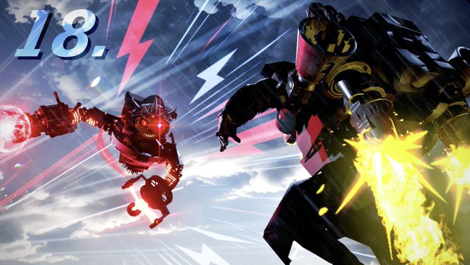 The image showcases a dynamic action scene featuring a robotic figure firing a glowing red weapon at a larger mech emitting yellow energy bursts, with the number "18" displayed prominently in the upper left corner to indicate the upcoming chapter of the SKIBIDI SAGA series currently in production.