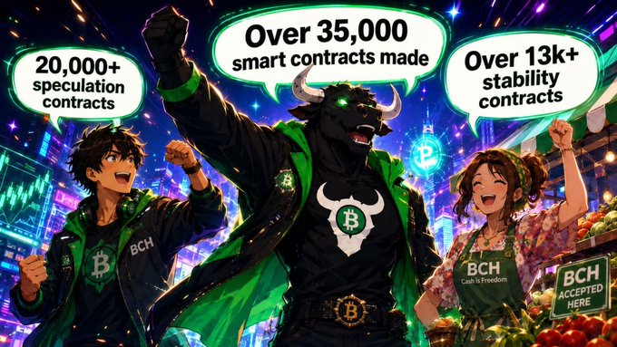 An anime-style promotional graphic featuring characters with speech bubbles promoting crypto stats: '20,000+ speculation contracts,' 'Over 35,000 smart contracts made,' and 'Over 13k+ stability contracts,' alongside BCH and Bitcoin Cash logos.