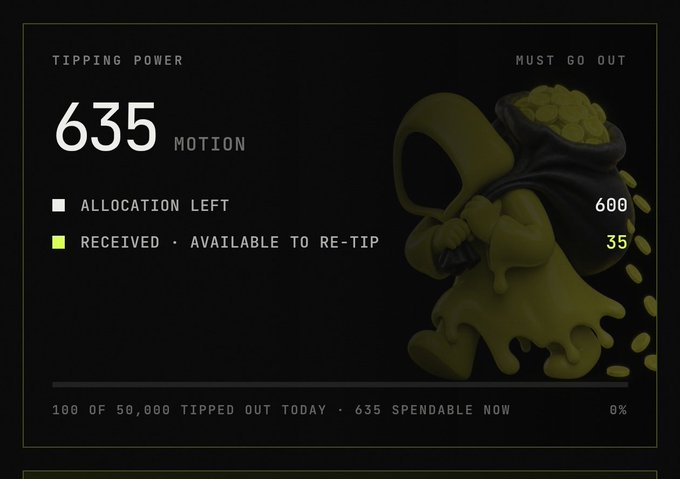 A dark-themed dashboard displays 'TIPPING POWER 635 MOTION' alongside an illustration of a cloaked figure holding a sack of gold coins, with statistics like '600' and '35' shown on the right.
