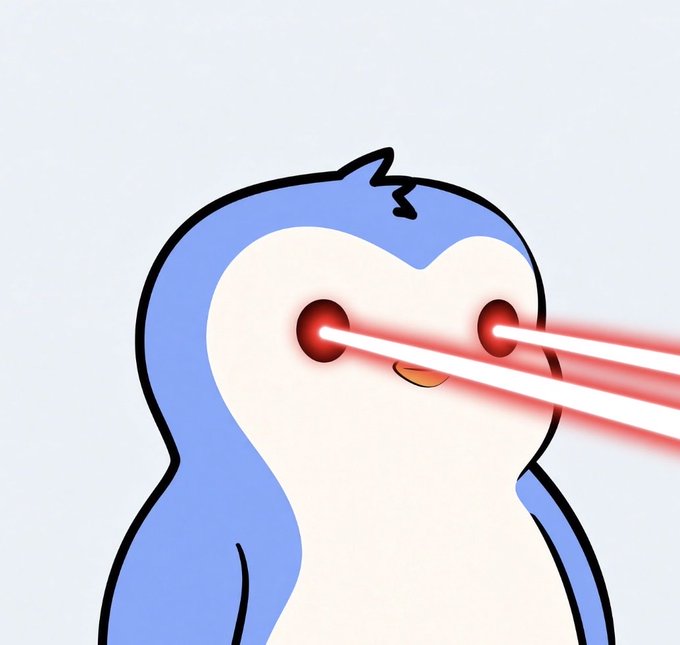 A cartoon penguin with glowing red eyes shoots laser beams from its eyes, set against a plain gray background.
