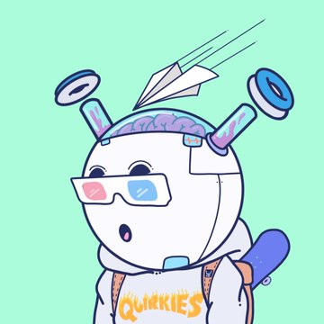 An illustration of a robot-like character with a visible brain, wearing 3D glasses and a hoodie that says 'Quirkiess'.