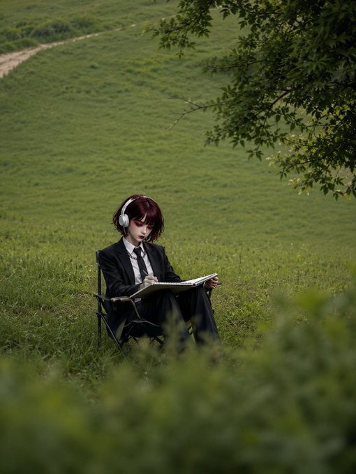 A person in a black suit with red hair and headphones sits in a folding chair on a grassy hillside, reading a book or script under tree branches.