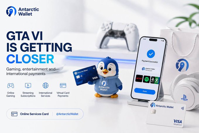 A promotional graphic for Antarctic Wallet features the company's penguin mascot holding a Visa virtual card alongside a smartphone displaying a "Payment Successful" screen with logos for Netflix, Spotify, and PlayStation. The headline reads "GTA VI IS GETTING CLOSER," tying the wallet's services—online gaming, streaming subscriptions, international services, and virtual card payments—to the post's teaser about Netflix's GTA VI preview and the platform's community giveaway surpassing 31,000 participants.