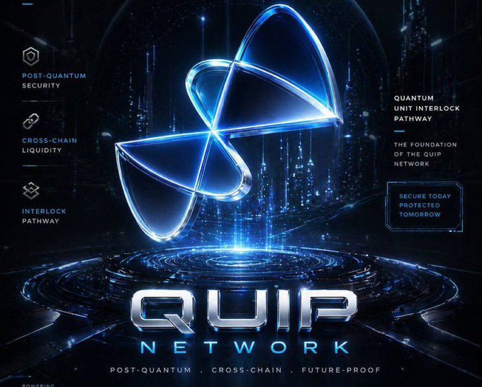 A digital promotional graphic for 'QUIP NETWORK' featuring a glowing blue quantum atom logo and text highlighting 'POST-QUANTUM SECURITY', 'CROSS-CHAIN LIQUIDITY', 'INTERLOCK PATHWAY', and 'QUANTUM UNIT INTERLOCK PATHWAY'.