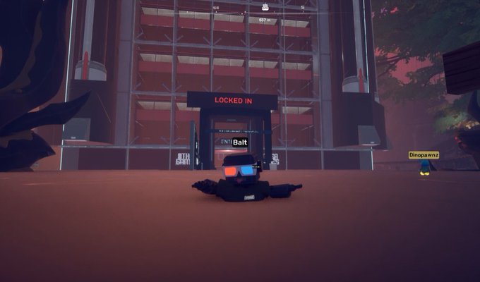 A video game scene featuring a character labeled 'ENT' Balt' sitting before a building entrance marked 'LOCKED IN' with another character named 'Dinopawn2' visible on the right side.
