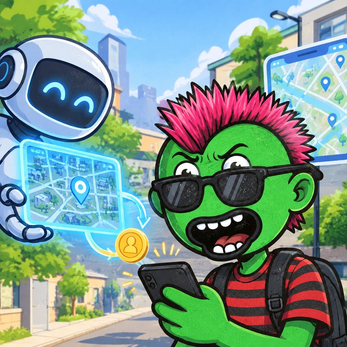A green-skinned, pink-mohawked punk wearing sunglasses angrily types on his smartphone while a cheerful white robot exchanges location map data for a coin beside him, illustrating the post's theme of autonomous AI-to-human transactions through @vangrid_io, which rewards everyday users for capturing physical world data without corporate intermediaries.