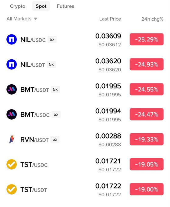 A cryptocurrency exchange market list showing various trading pairs (NIL, BMT, RVN, TST) against USDT and USDC, all displaying significant 24-hour price drops ranging from -19% to -25%.
