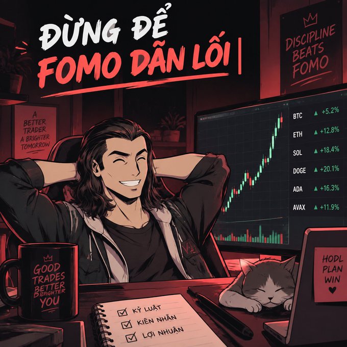 An illustrated poster with the Vietnamese text "ĐỪNG ĐỂ FOMO DẪN LỐI" (Don't let FOMO lead the way), showing a relaxed trader with crypto charts for BTC, ETH, SOL, DOGE, ADA, and AVAX all showing gains, alongside a cat and trading checklists.