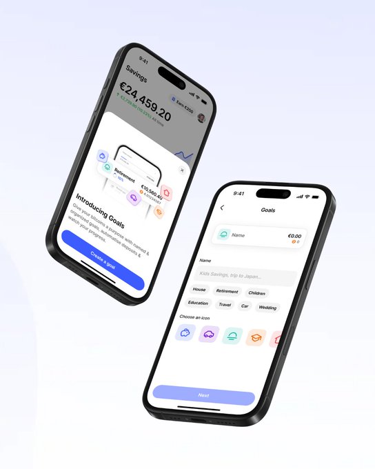 Two smartphones display a financial app interface titled 'Introducing Goals' showing savings options like 'Retirement' and 'Kids Savings, trip to Japan...'.
