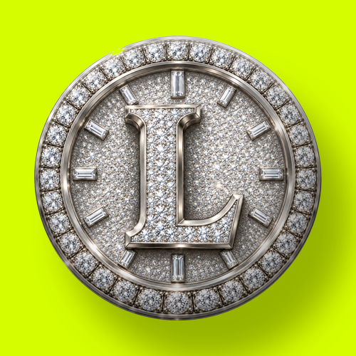 A close-up image of a luxurious diamond-encrusted medallion featuring the letter 'L', set against a vibrant neon green background.