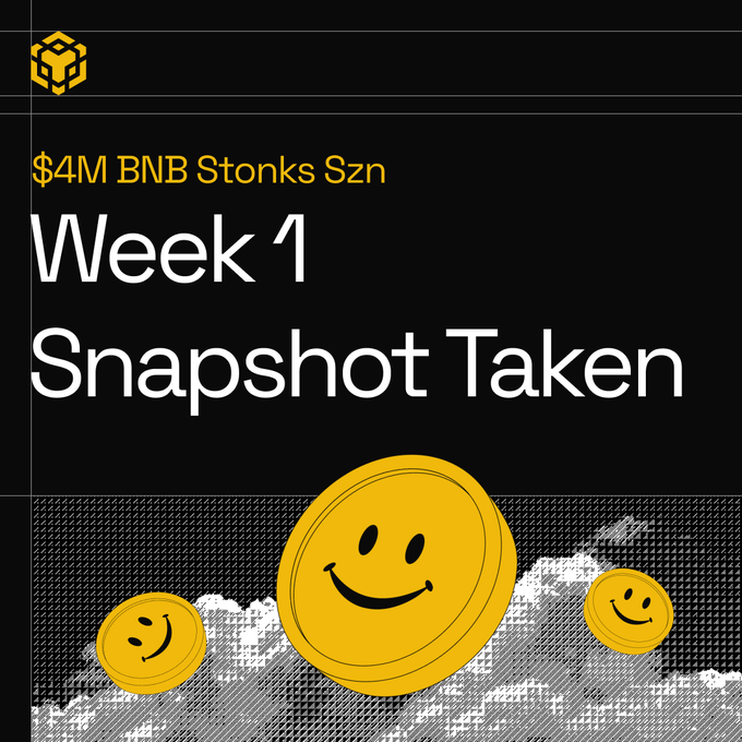 A promotional graphic for the "$4M BNB Stonks Szn" campaign featuring a black background with bold yellow and white text announcing "Week 1 Snapshot Taken," accented by three golden smiley face coins at the bottom, visually reinforcing the milestone referenced in the post about locking in Week 1 results ahead of the upcoming meme winners, HODLer Index, and airdrop allocations.