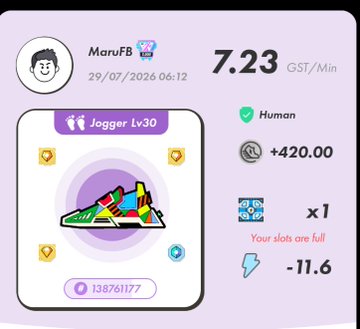 A mobile app screen for user 'MarufB' showing a 'Jogger Lv 30' sneaker NFT with 7.23 GST/Min earning rate, +420.00 balance, and a notice 'Your slots are full'.