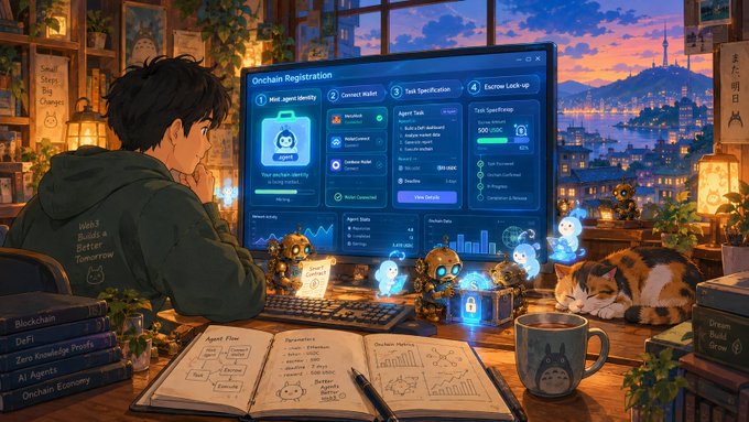 An anime-style illustration of a person working on an 'Onchain Registration' computer interface, with notebooks, robot characters, a sleeping cat, and a Totoro mug on the desk.