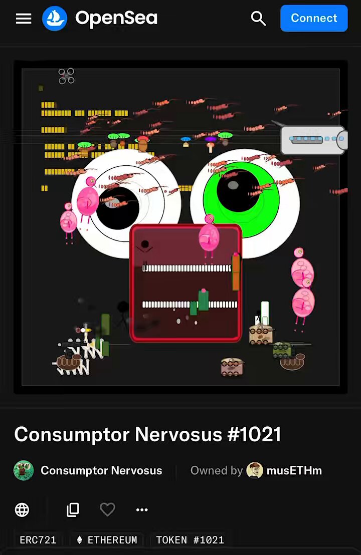 This image features a phone screen with an interesting cartoon style of what appears to be a video game or interactive digital art piece. The main focus of the screen is a picture, most likely related to a video game or a character design, that seems to be connected to consumerner nervosus #1011 and another character from the same game. It's also worth noting that this image is attributed to MusEthy.