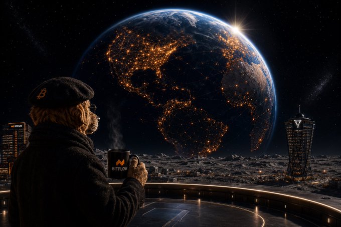 A man wearing a beret with a Bitcoin logo holds a steaming 'BITFLOW' mug while looking at Earth from a lunar landscape, with a Bitflow tower visible in the distance.